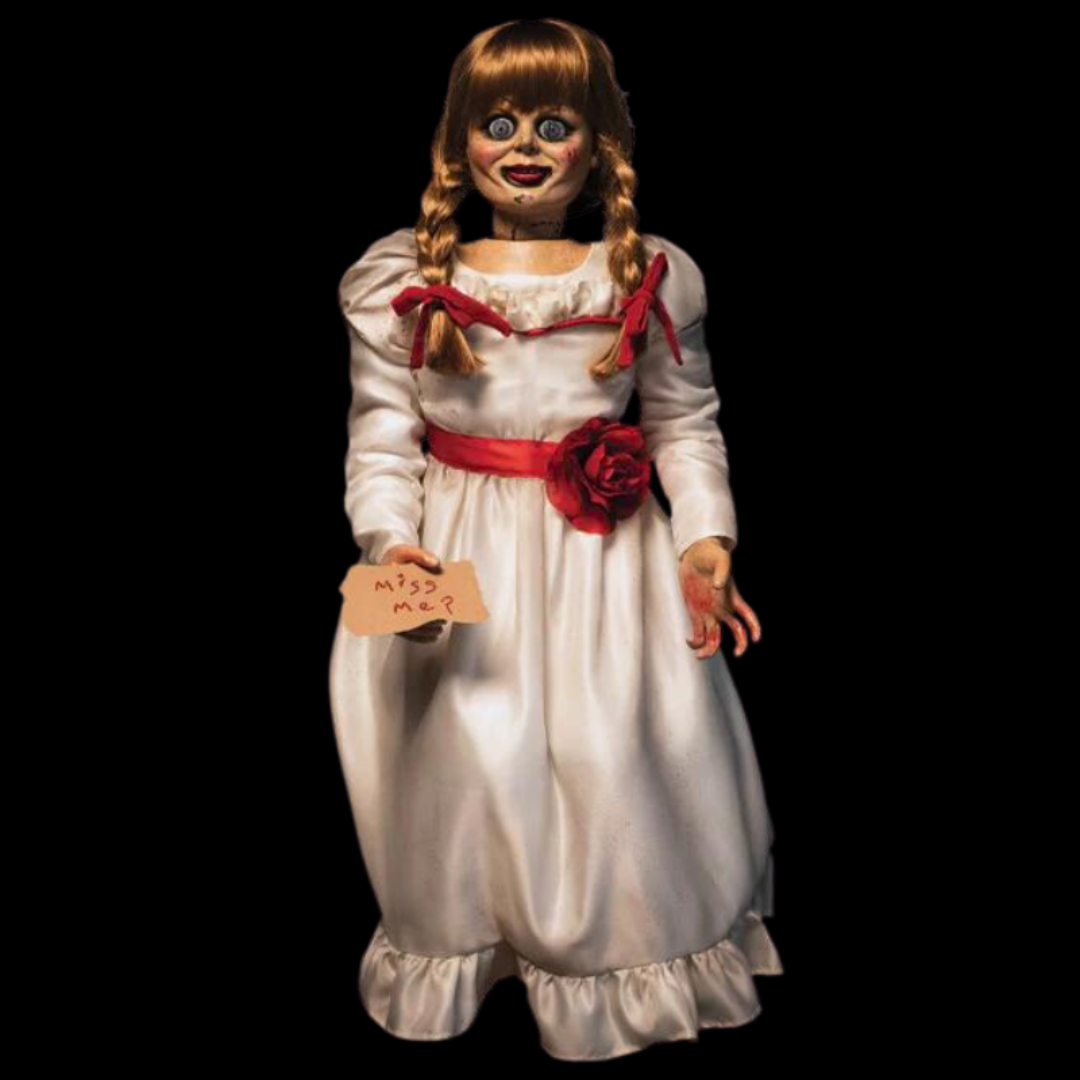 Life-sized Annabelle horror doll Halloween with realistic details, perfect for Halloween decoration.