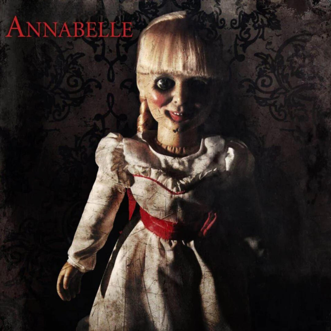 Life-sized Annabelle horror doll Halloween with realistic details, perfect for Halloween decoration