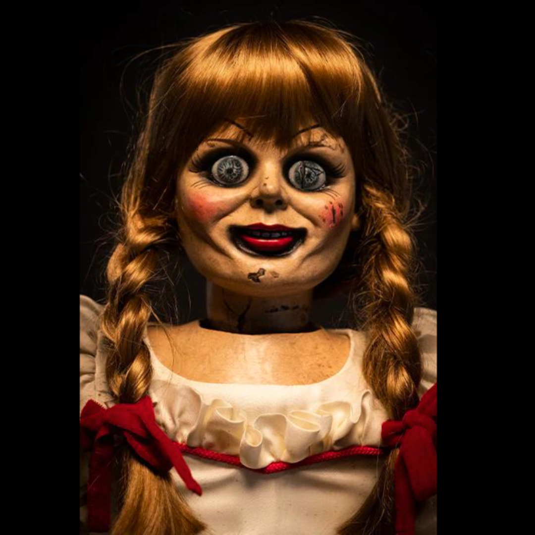 Life-sized Annabelle horror doll Halloween with realistic details, perfect for Halloween decoration