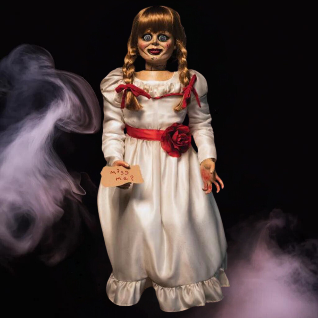 Life-sized Annabelle horror doll Halloween with realistic details, perfect for Halloween decoration.