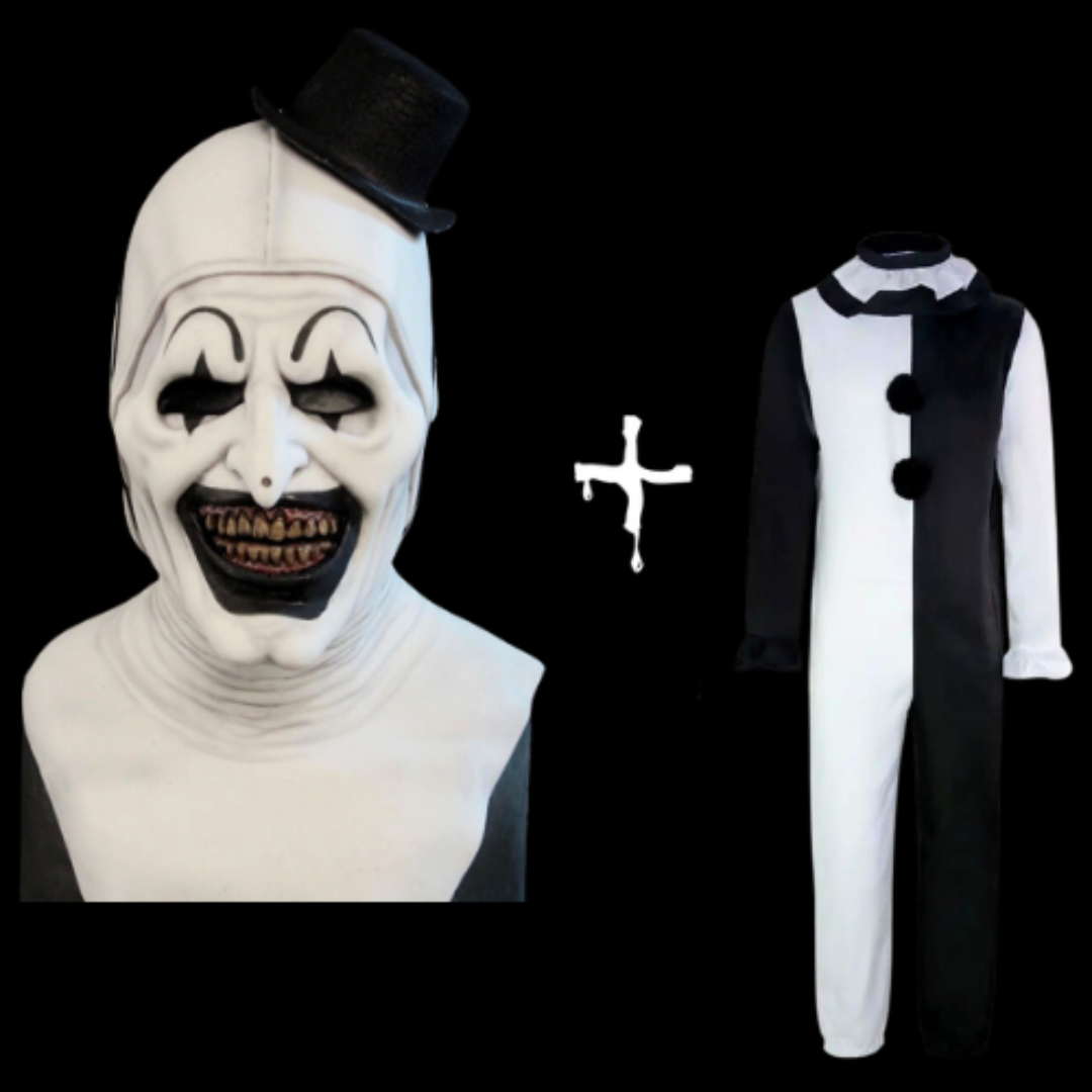 Art the Clown horror realistic mask, full costume set with terrifying details, inspired by the Terrifier series