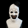 Art the Clown horror realistic mask, full costume with terrifying details, inspired by the Terrifier series