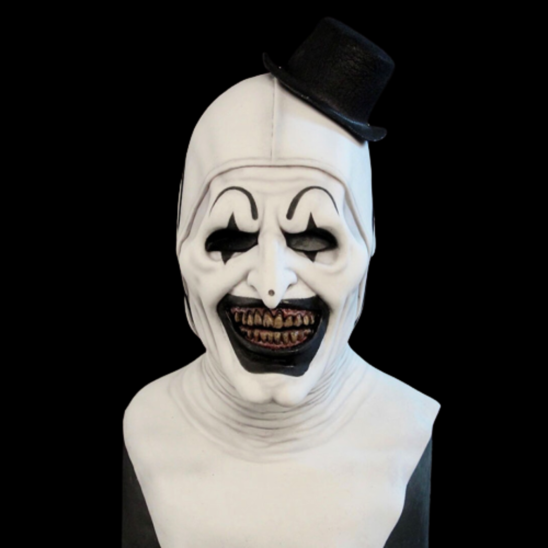 Art the Clown horror realistic mask, full costume with terrifying details, inspired by the Terrifier series