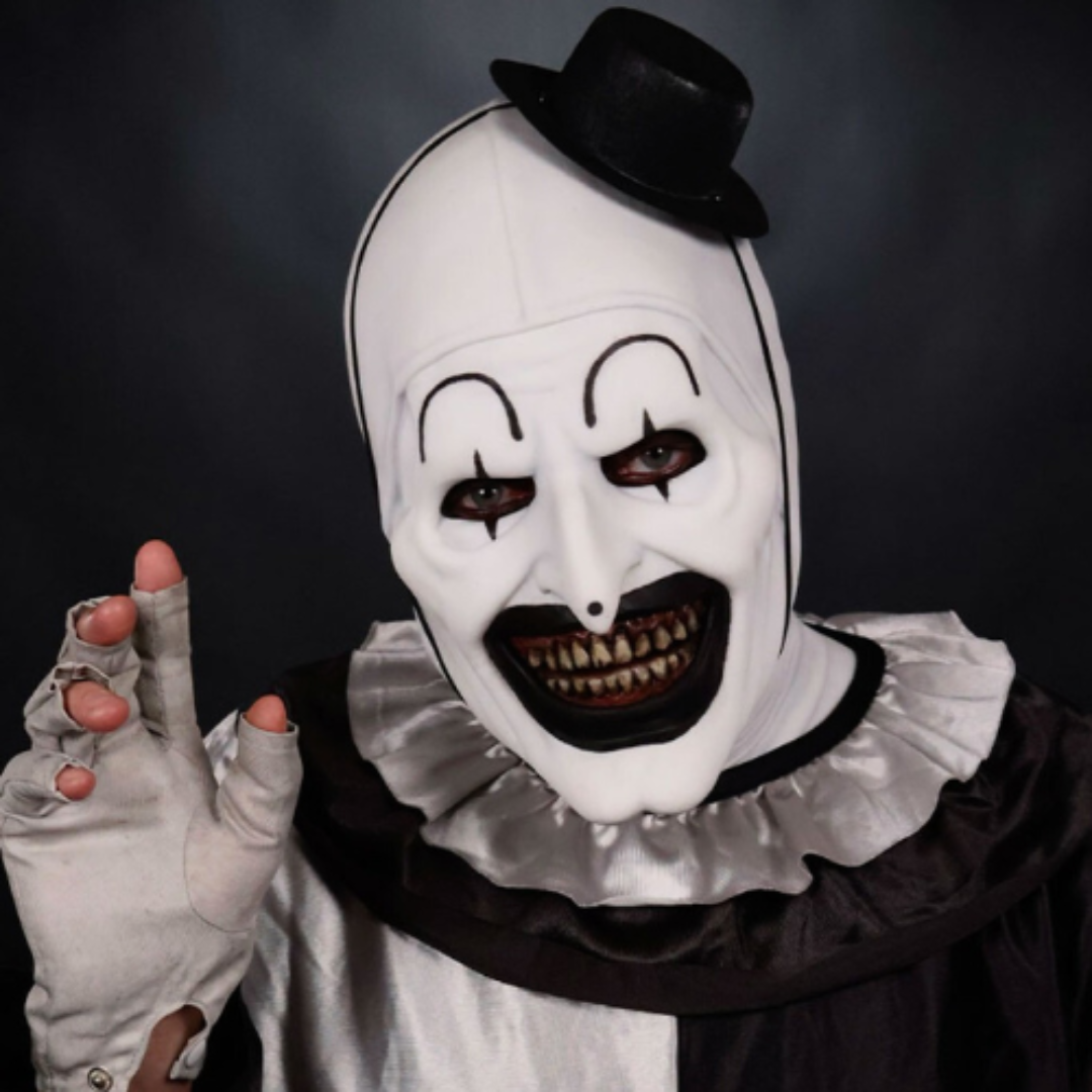 Art the Clown horror realistic mask, full costume with terrifying details, inspired by the Terrifier series