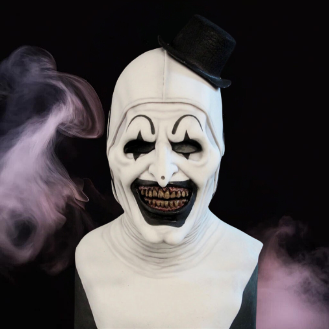 Art the Clown horror realistic mask, full costume with terrifying details, inspired by the Terrifier series