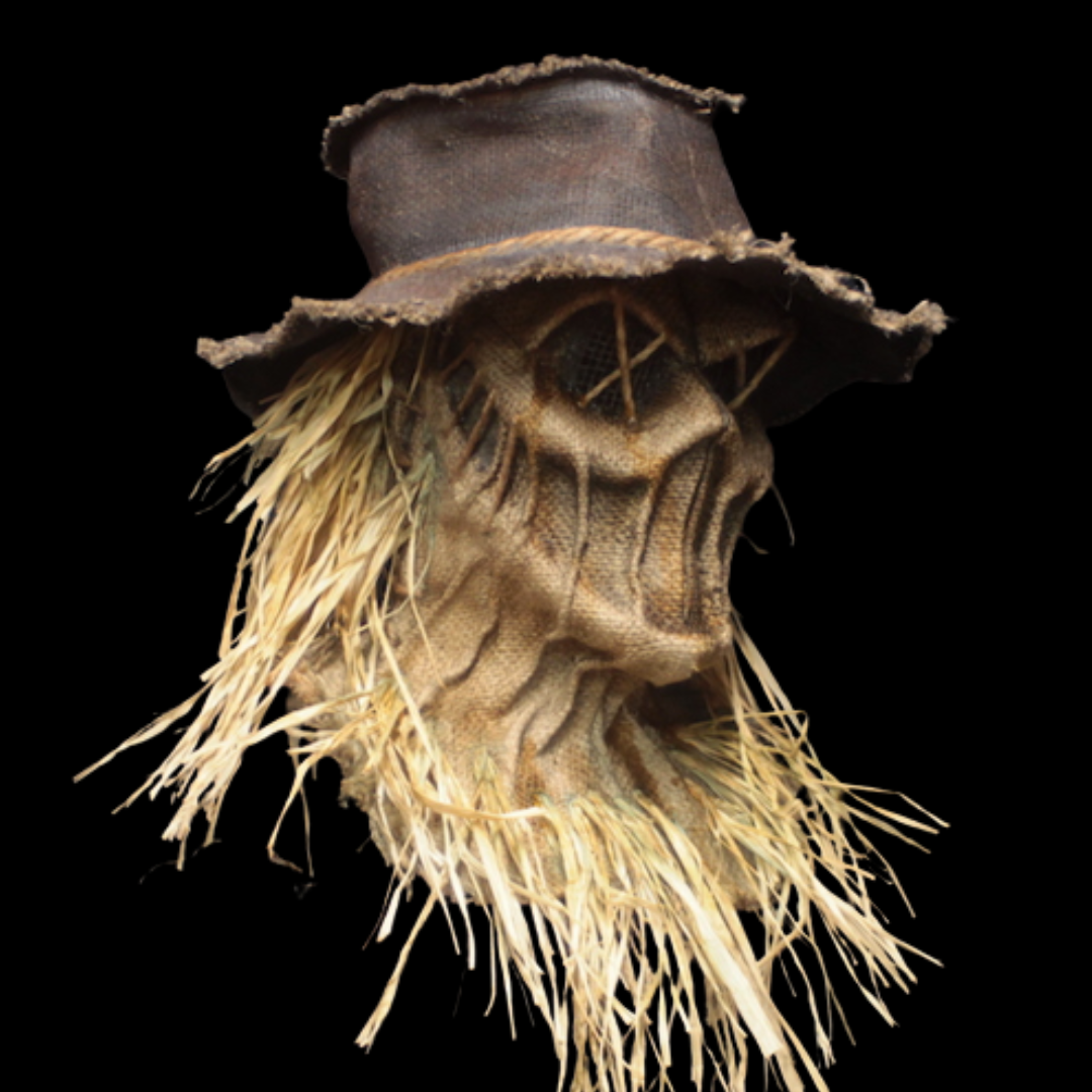 Realistic Creeper Scarecrow horror mask and hat with terrifying scarecrow details, perfect Halloween costume