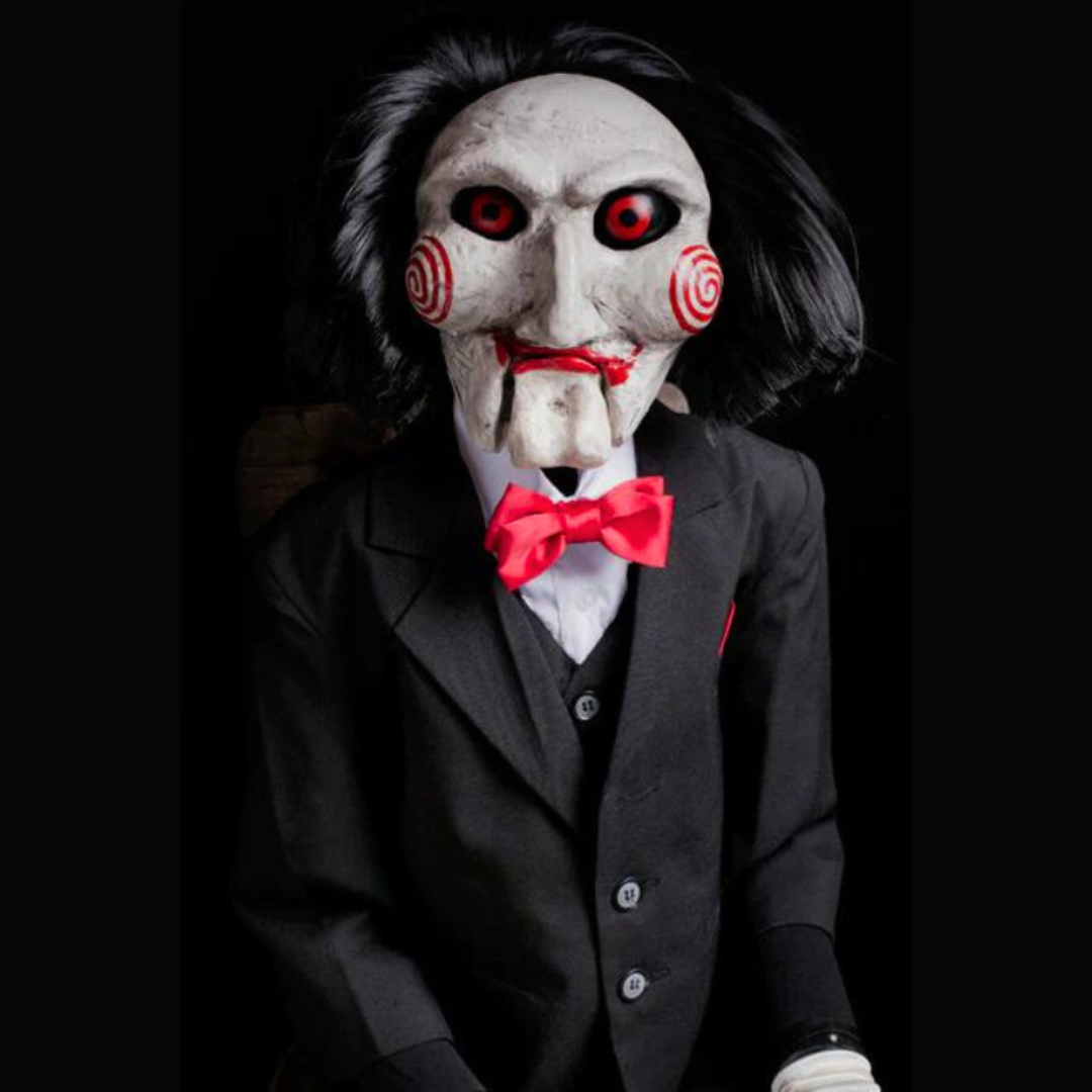 Enigmatic Billy Puppet life-sized halloween doll, inspired by the Saw series, perfect for horror collectors