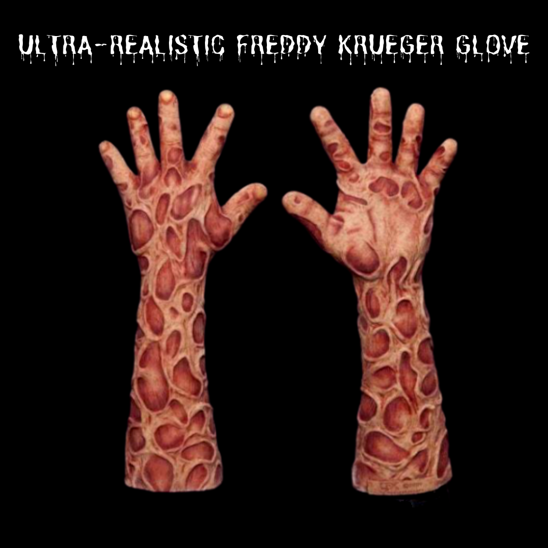 Movie-quality Freddy Krueger horror glove with realistic burned skin texture, perfect for Halloween and collectors costume