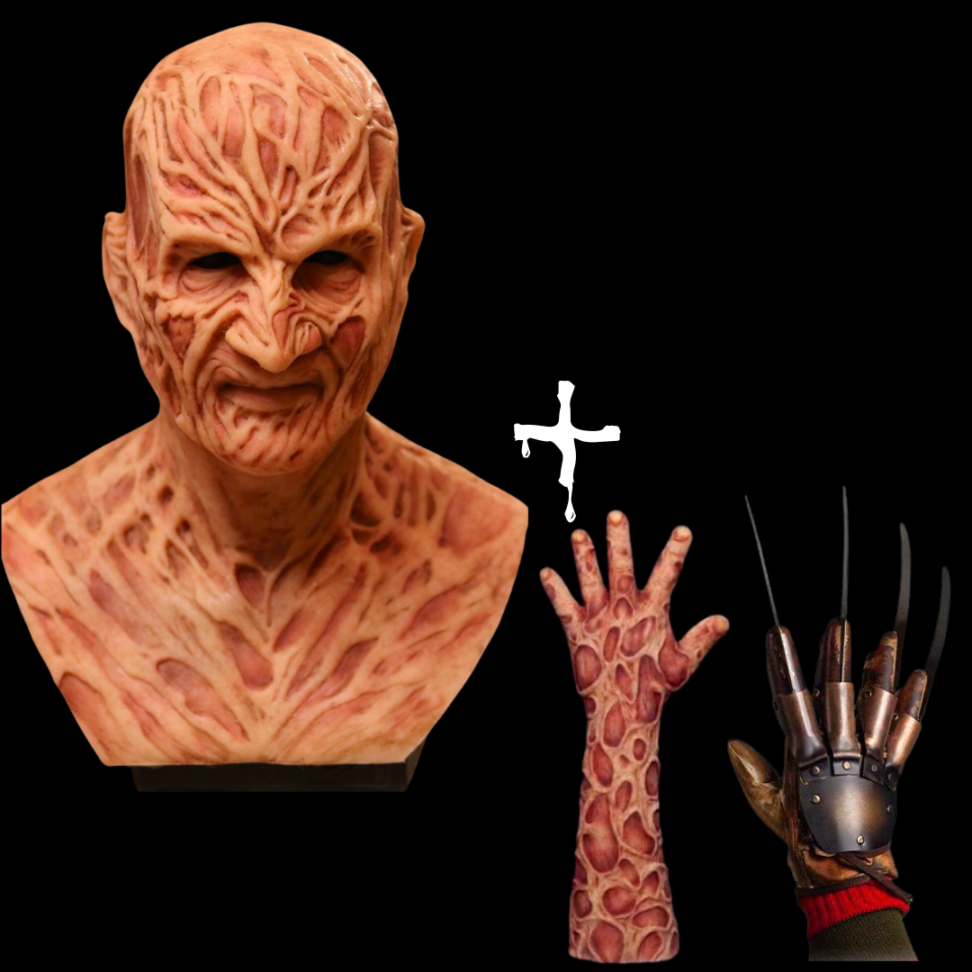 Movie-quality Freddy Krueger horror mask and gloves with realistic burned skin texture, perfect for Halloween and collectors costume