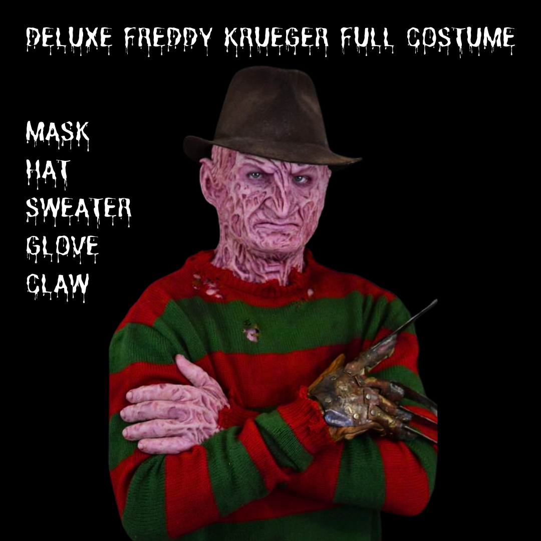 Deluxe Freddy Krueger horror full costume with realistic mask and hat, perfect for Halloween and collectors costume