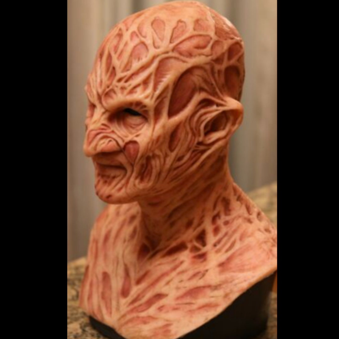 Freddy Krueger horror halloween mask with realistic burned skin texture, perfect for Halloween and collectors