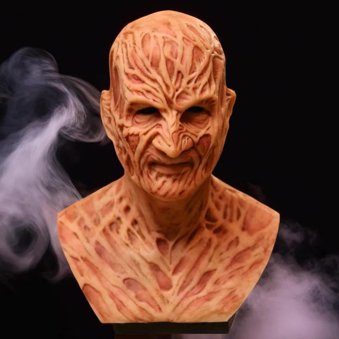 Movie-quality Freddy Krueger horror mask with realistic burned skin texture, perfect for Halloween and collectors costume