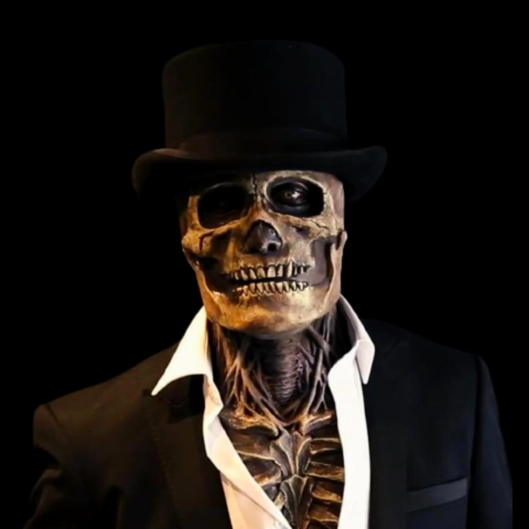 Gentleman Jack Skull horror mask and hat with elegant yet terrifying details, perfect Halloween cosplay