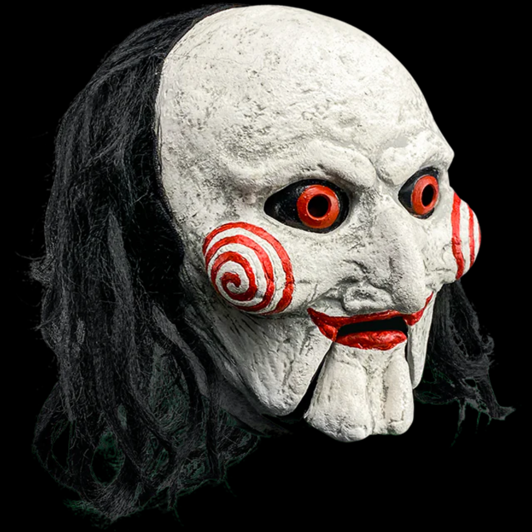 Moving Jaw Billy the Puppet horror mask with realistic details, Saw inspired, perfect Halloween costume