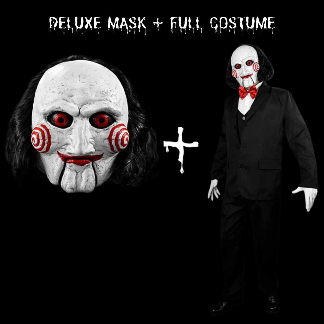 Moving Jaw Billy the Puppet horror mask full costume with realistic details, Saw inspired, perfect Halloween cosplay