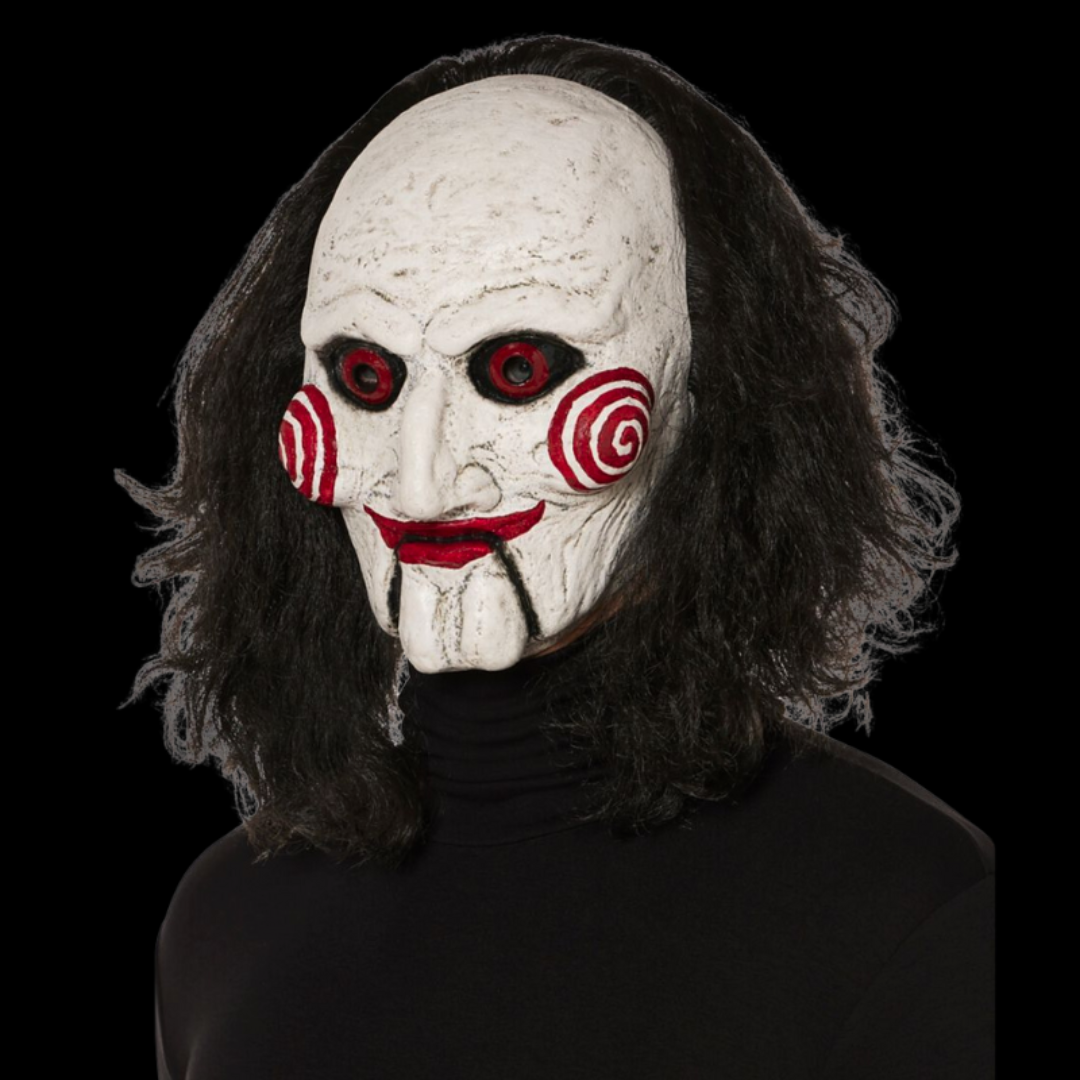 Moving Jaw Billy the Puppet horror mask with realistic details, Saw inspired, perfect Halloween costume