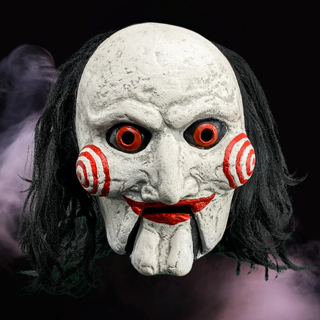 Moving Jaw Billy the Puppet horror mask with realistic details, Saw inspired, perfect Halloween costume