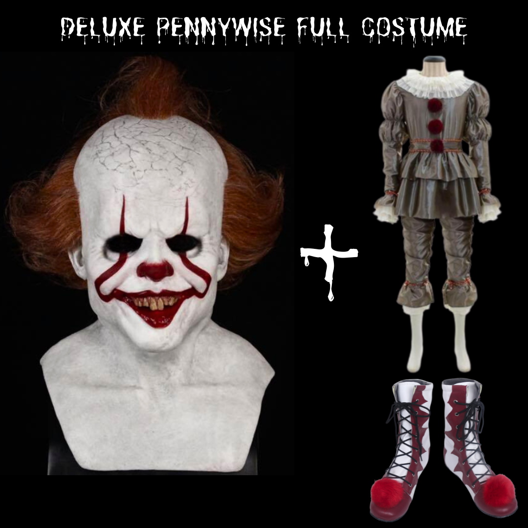 Pennywise Clown horror realistic mask full costume with terrifying details, perfect for Halloween costumes and horror fans