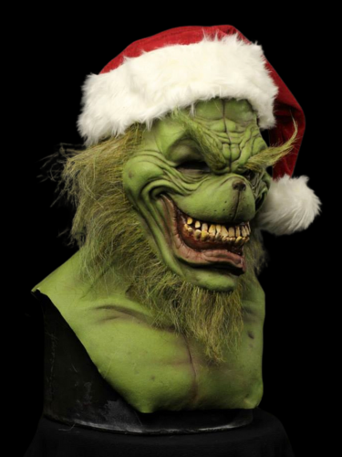 Grinch horror realistic mask with a Santa hat, perfect for Halloween cosplay and Christmas