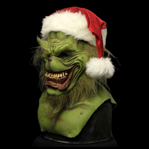 Horror Grinch mask with a Santa hat, perfect for Halloween cosplay and Christmas