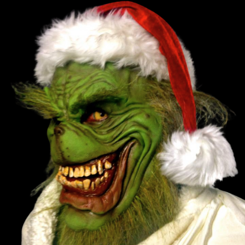 Realistic Grinch creepy mask with a Santa hat, perfect for Halloween cosplay and Christmas