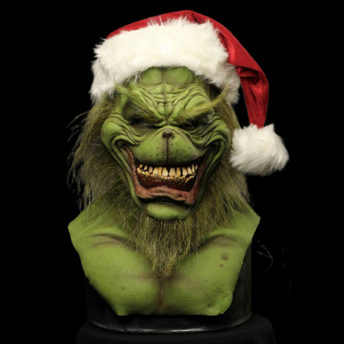 Realistic Grinch creepy mask with a Santa hat, perfect for Halloween and Christmas