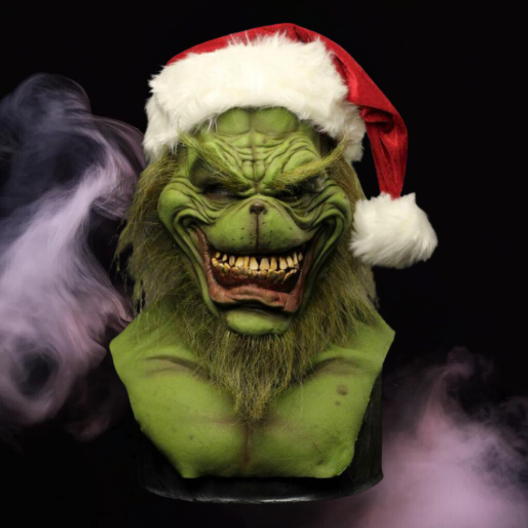 Realistic Grinch horror mask with a Santa hat, perfect for Halloween and Christmas