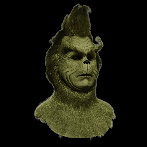 Realistic Grinch mask with a Santa hat, perfect for Halloween and Christmas costume