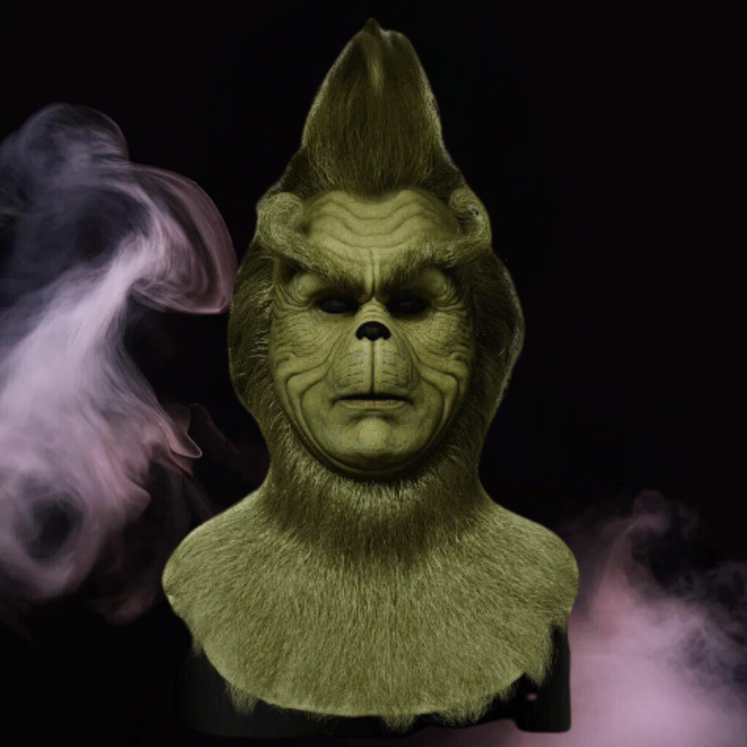 Realistic Halloween Grinch mask with a Santa hat, perfect for Halloween and Christmas